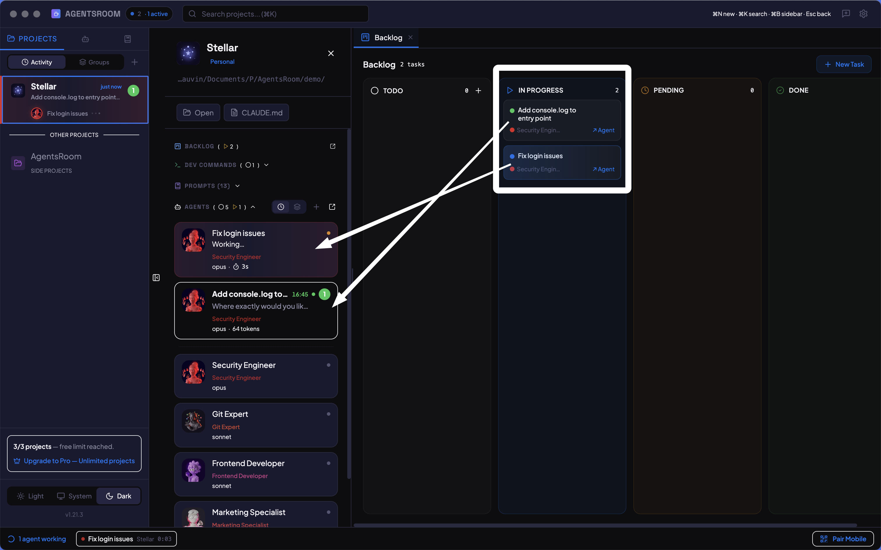 AgentsRoom لوحة backlog: لوحة kanban لتنسيق وكلاء الذكاء الاصطناعي Claude بالسحب والإفلات من TODO إلى قيد التنفيذ إلى مكتمل