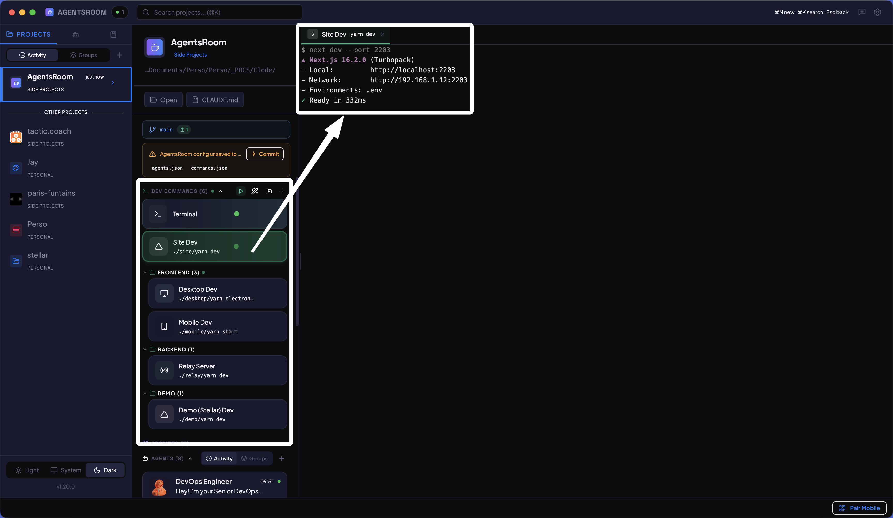 AgentsRoom Dev Terminals: управление и запуск всех серверов разработки, бэкендов и сервисов проекта с одной панели