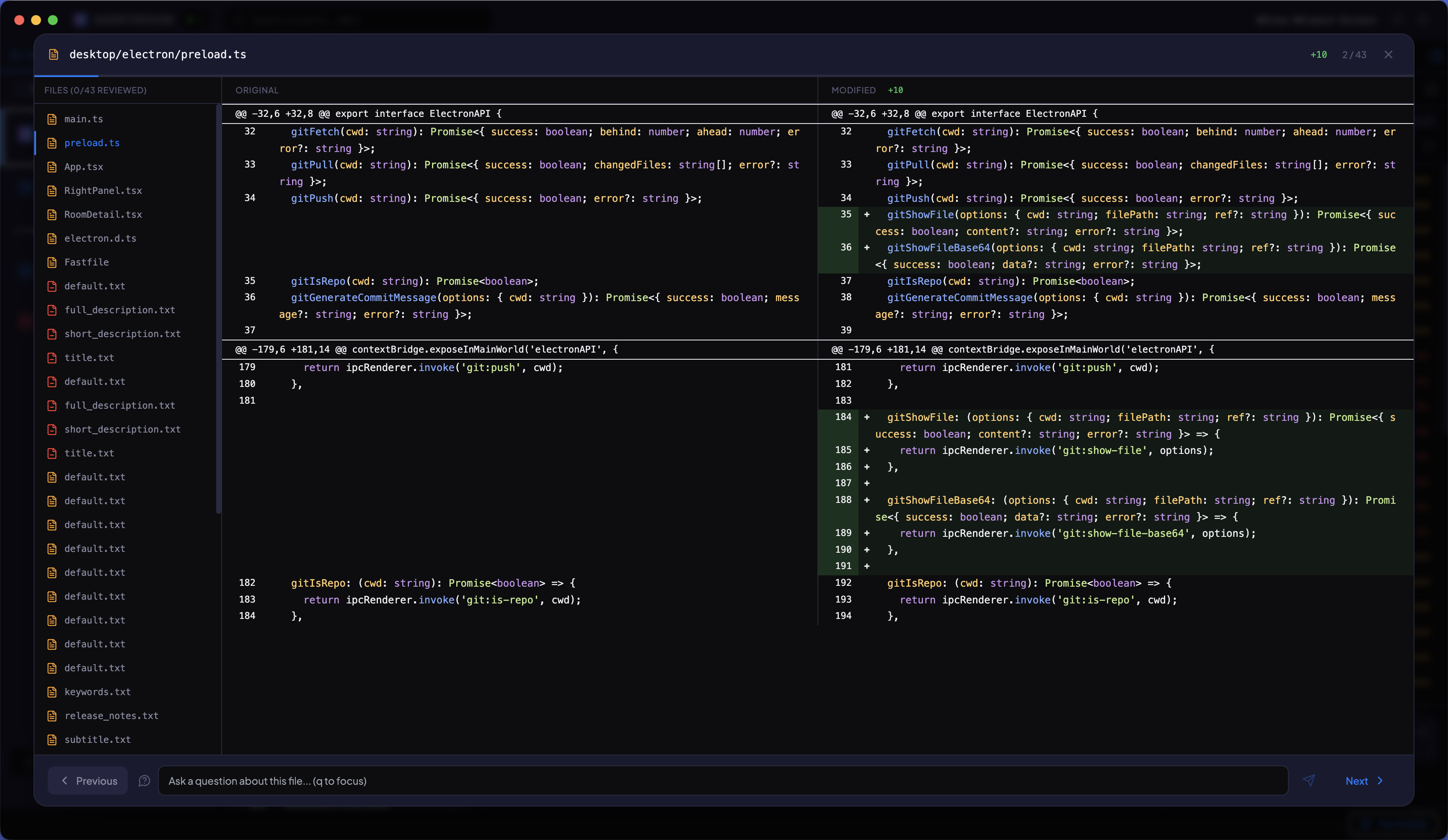AgentsRoom review mode: side-by-side file diff viewer for vibe coding with Claude Code