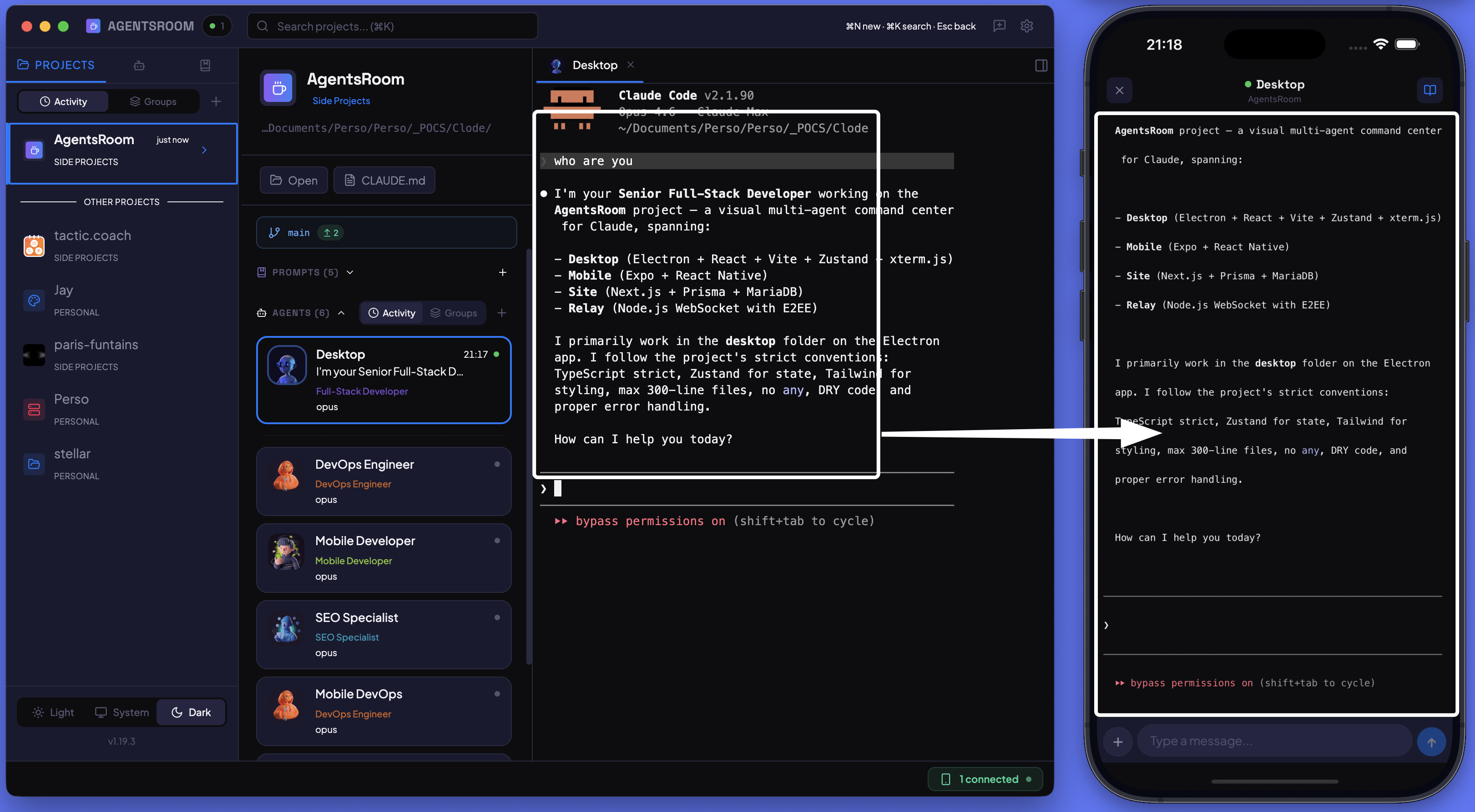 AgentsRoom mobile-desktop sync: control Claude Code agents from iPhone and Android with encrypted real-time sync
